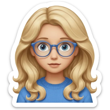 blonde girl with long dark blonde wavy hair, blue big eyes, pantos-style glasses, a brown sweater, sitting and looking in laptop, soft pastel, upper body shot sticker