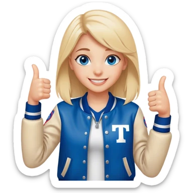 smiling girl in letterman jacket Blue eyes thumbs up, Name is Tini  sticker
