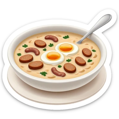 Cinematic Realistic ≈ªurek Soup Dish Emoji, depicted as a tangy, creamy rye soup with sausage and egg rendered with detailed textures and warm, comforting lighting. sticker