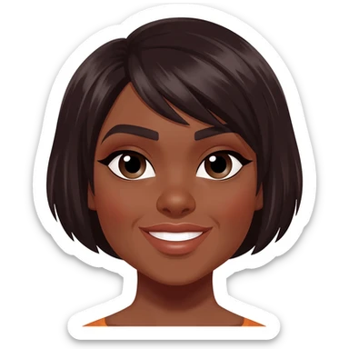 Mujer morena pelo corto oscuro ojos rasgados nariz gruesa embolada labios medianos sonriendo sticker