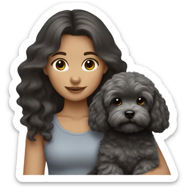 English Girl with dark brown long hair holding a charcoal gray maltipoo sticker