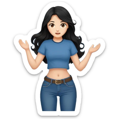 Fair skin girl - long black hair, big waves - wearing a brown navel-baring short-sleeved shirt - blue jeans sticker