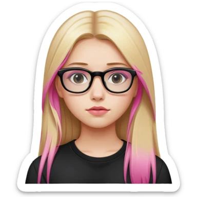 Teenage girl taking a selfie in a school bathroom. Long straight blonde hair with pink dye, rectangular glasses, black shirt, neutral expression with slightly glossy lips sticker