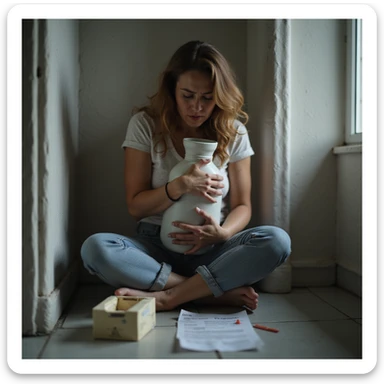 hyperrealistic 4K image of a woman sitting against the bathroom wall, knees to chest, hugging a hot water bottle, empty box of biologic drug and medical papers with 'Crohn' diagnosis next to her, expression of suffering sticker