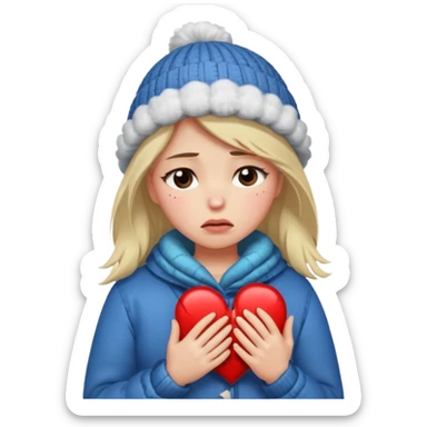 woman broken hearted, shedding a tear, looking down sad holding her heart breaking, wearing a winter outfit sticker