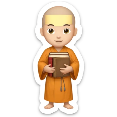 A young monk carrying a stack of ancient books, slightly wobbling but smiling softly.
 sticker