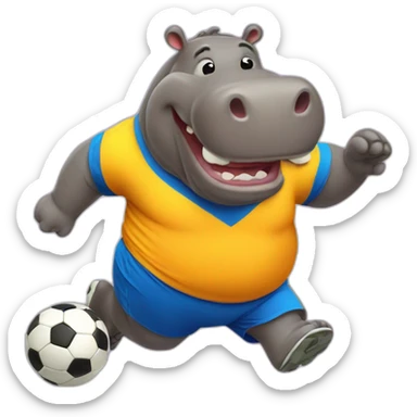 fat soccer player hippo running and kicking sticker