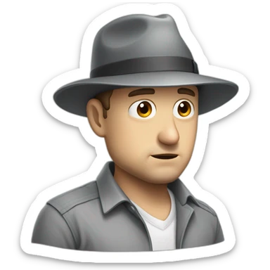 tim robinson wearing a grey fedora with a grey flap on the back white shirt looking scared and sad 3 quarter angle sticker
