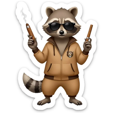 friendly anthropomorphised raccoon in a Sopranos-style mafia tracksuit, wearing dark sunglasses, holding a cigar, confident pose sticker