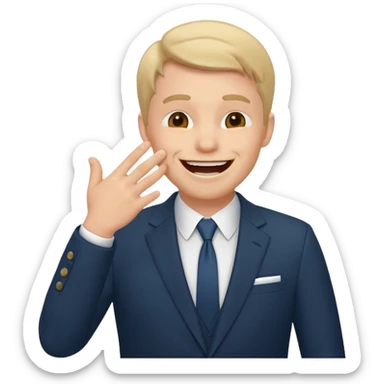 a white man in a formal suit laughs, covers his mouth with his hand sticker