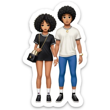 Man with loose curly tapered fro living his dream standing in the master bedroom of a mansion. He’s boo’d up with a pretty Brownskin big booty woman wearing a Chanel outfit with her holding a Chanel bag. The man has on a Fear of God Essentials outfit wearing designer socks. The man isn’t holding a bag sticker
