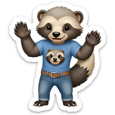 mischievous anthropomorphised honey badger in jeans and a t-shirt, smirking expression sticker