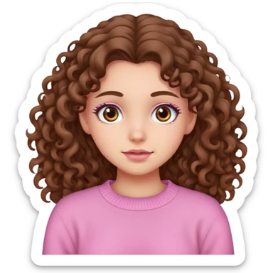 girl with brown eyes and long curly hair in a pink sweater sticker
