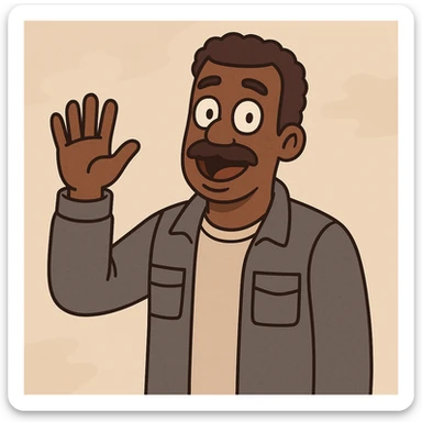 Black man with a mustache waving, wearing a grey jacket, cartoon style sticker