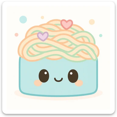 {
  "style_description": {
    "overall_look": "Cute, minimal, and soft with a friendly and playful tone",
    "material_simulation": {
      "primary_material": "flat digital color",
      "texture_detail": "smooth surfaces with no texture or shading",
      "pattern": "none or very simple decorative accents (e.g., hearts, stars)"
    },
    "geometry": {
      "edge_style": "rounded, soft curves with no sharp angles",
      "dimensionality": "flat two-dimensional appearance with simple shapes"
    },
    "color_palette": {
      "scheme": "pastel and light tones",
      "preferred_colors": ["pink", "mint", "lavender", "baby blue", "peach"],
      "contrast": "low contrast with bright accents"
    },
    "facial_features": {
      "eyes": "large, sparkly, often oval or circular",
      "mouth": "small, often a simple curve or dot",
      "expression": "joyful, innocent, or calm"
    },
    "lighting": {
      "type": "none or implied with soft highlights",
      "purpose": "maintain a clean and cheerful look"
    },
    "render_constraints": {
      "avoid": ["realistic shading", "high detail", "dark themes", "texture noise"],
      "focus_on": ["cute expression", "iconic simplicity", "emotional warmth"]
    },
    "background": {
      "color": "white or soft pastel",
      "style": "plain or patterned with simple icons (e.g., polka dots, stars)",
      "lighting_consistency": "no shadows, evenly lit feel"
    }
  }
}

{subject} = linguine cake sticker