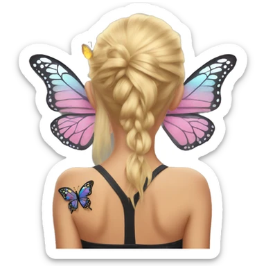 blonde girl with butterfly wings tattoo on her back sticker