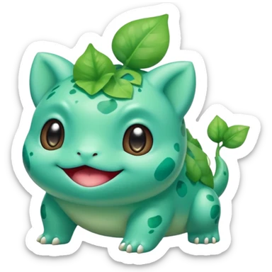 cute Bulbasaur Pokémon in Rednote app emoji style, soft rounded glossy face, bold expressive eyes, vibrant green and teal colors, playful cheerful, musical note accent sticker