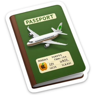 passport with visible airplane tickets, Apple emoji style, colors #173e12 and #c1a793, no text, minimalist sticker