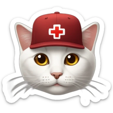 Cat with a cap and a big rotate Red Cross mark means no on the cap sticker