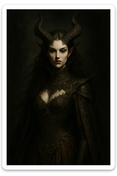 demon queen with horns and brown hair, elegant and regal, dark fantasy style sticker