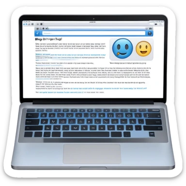 Create an emoji representing blogging. The design should feature an open laptop or tablet with a visible blog post with images on the screen. Use professional colors like blue, gray, and black. Make the background transparent. sticker
