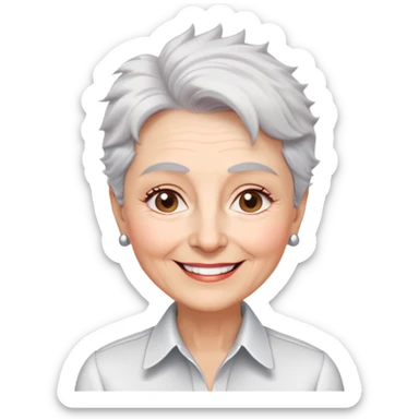 Senior version of Marian Pabón with defined facial structure, light pinkish skin showing age, almond eyes, arched eyebrows, charismatic wide smile, short spiky white-gray hair, more pronounced aging features, wearing a formal white buttoned shirt sticker