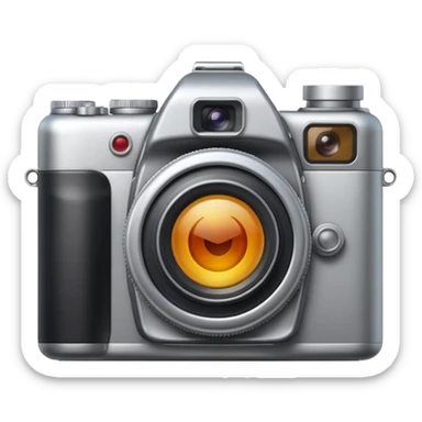 Minimal emoji icon of a modern metalic camera, front view, simple shapes, realistic lens,  sticker