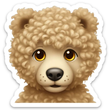 Light coloured curly fur. With Orange eyes teddy bear wearing a beige sweater with a red heart in the middle.  sticker