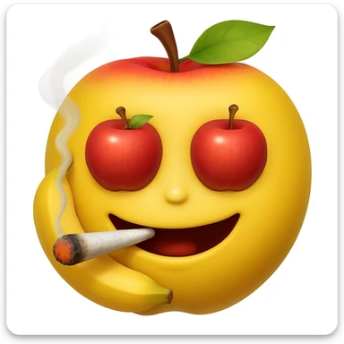 Add a cartoon joint with smoke to the smiley face made of apples as eyes and a banana as the mouth. Make it look like the face is smoking weed, keep the emoji style. sticker