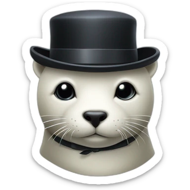 White seal naked with closed eyes just wearing tie and small black hat and with briefcase sticker