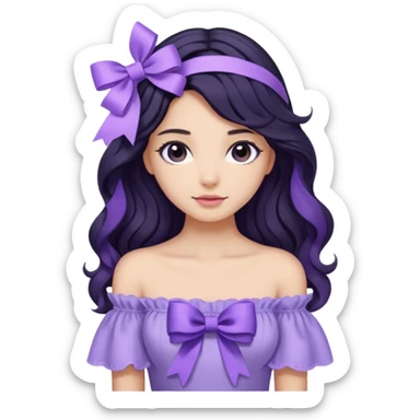 Girl with black wavy long hair and a ribbon hair clip beside it make it look like wearing a lavender off shoulder  sticker