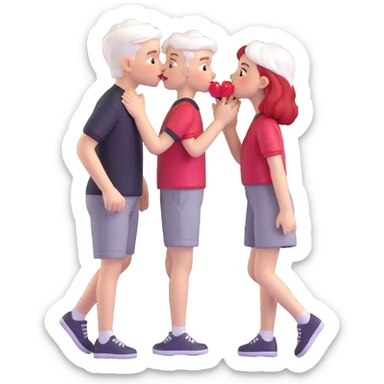 couple kissing, boy with PAPER WHITE SHORT HAIR (completely white), dark shirt, girl with long cherry red hair, light clothes sticker