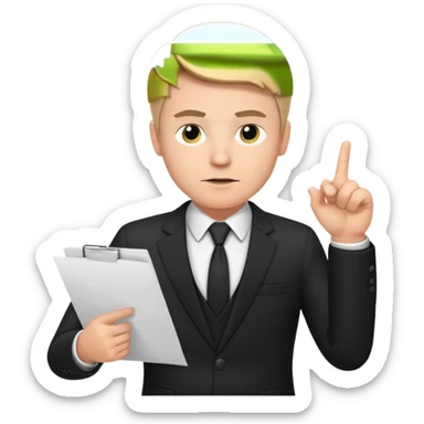 A white man in a black suit stands with a serious face and points at his hand holding papers. sticker