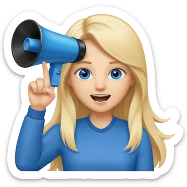  blue eyes blonde girl yelling into megaphone smiling long hair holding up finger sticker