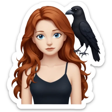Constantine and Long wavy Auburn hair woman BLUE eyes wearing black cami and a crow sticker