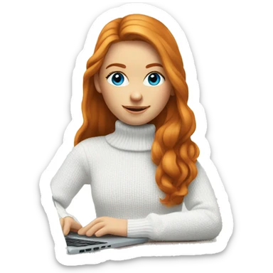 ginger girl with long hair and blue eyes in turtle neck white sweater working on a laptop sticker