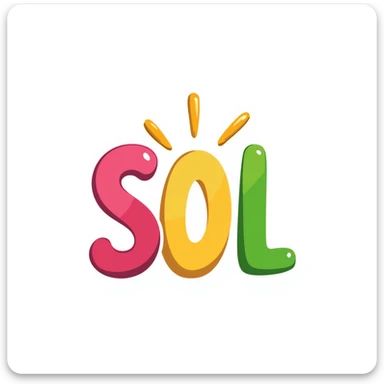 Latin letters SOL in emoji style with handwritten effect, pink green and sunny colors, associations with energy and sun sticker
