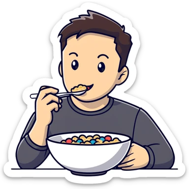Elon Musk eating a bowl of cereal, tech entrepreneur with short dark hair enjoying breakfast sticker