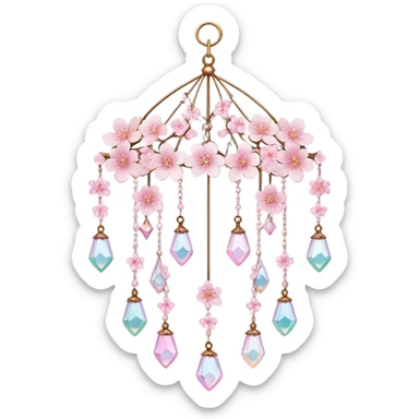 Hanging Iridescent pastel pink sakura crystals white-pearly suncatcher with a tiny bell chandelier sticker