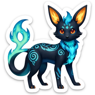Shiny Fiery Dark Glowing Ethereal Eldritch Cool Edgy Badass Punky Aural Iridescent Fluorescent Bioluminescent Umbreon-Amaura-Salandit-Litten-Flareon-Fakémon-fusion (full body) with intricate pattern markings sticker
