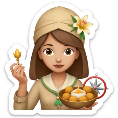 create an image similar to an emoji of a pinni / laddoo as an assamese girl navigating using a compass. She also has a lily on her head. Do not make her very human sticker