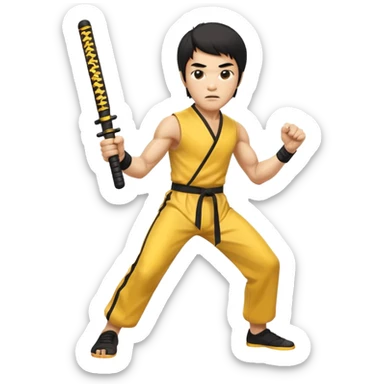 fierce Bruce Lee, nunchaku in hand, aggressive look, yellow jumpsuit sticker