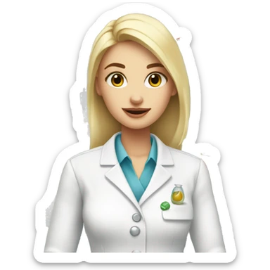 Blonde girl make-up a skin care formulering in a lab coat sticker
