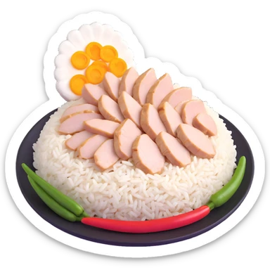 Singapore chicken rice with sliced poached chicken, fragrant rice, and chili sauce sticker