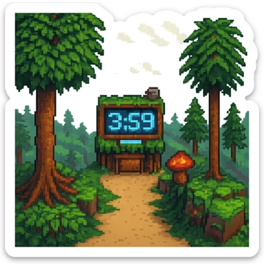 Add animated elements like a bouncing countdown clock, swaying trees, or drifting clouds, in pixel art Minecraft Twitch starting soon style. Preserve transparent background in pixel art style. sticker