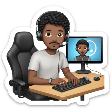 a setup of a youtuber his blach curly short hair, a thin goatee, with a desktop pc on a table, a gaming chair, microphone, ring light sticker