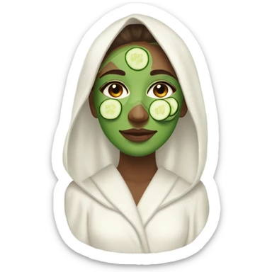White girl with Brown hair and blue eyes wears a Green colored skincare clay textured mask and puts on cucumbers around her eyes while She relaxes in her white Robe sticker