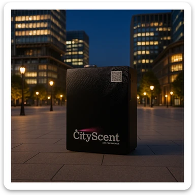 Place this exact CityScent air freshener machine in a city plaza at dusk, surrounded by softly glowing streetlights and modern buildings, no people, focus on the machine. The style should be realistic and detailed to emphasize the machine in a serene urban plaza setting. sticker