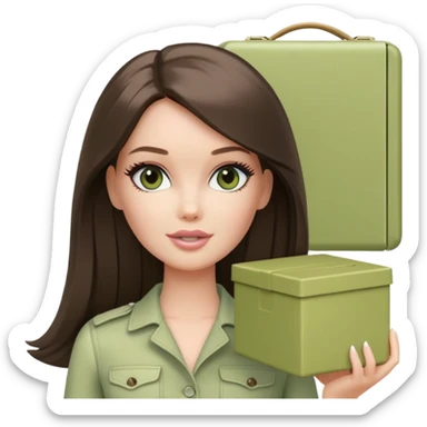 A white Barbie girl with long dark brown straight hair in pale olive clothes holds pale green box sticker