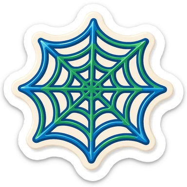 a spider web with alternating or combined blue and green colored outlines, no gradient, expressive shadows and highlights, transparent spaces between the web strands, no fill between them, playful dimensional look, clean and bold sticker